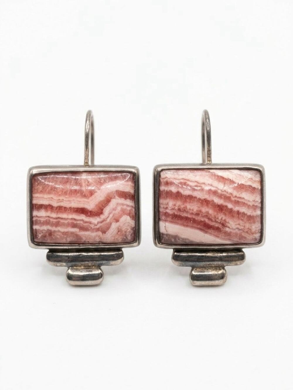 Southwestern Design 925 Sterling Silver Rhodochrosite Geometric Drop Earrings